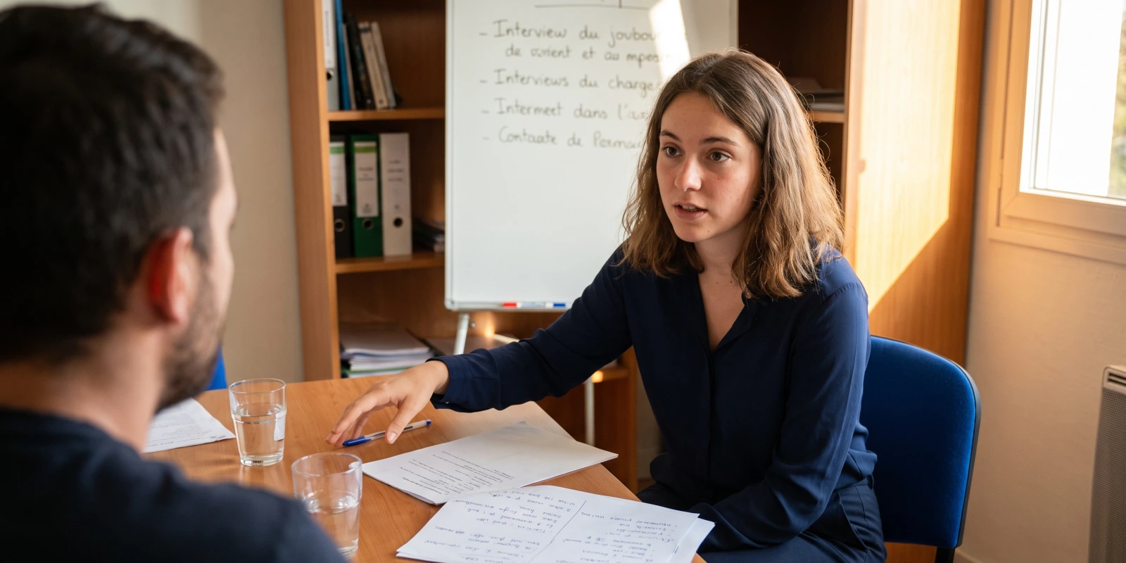 Salaire moyen après un BTS ME (Métiers de l’Eau) Une jeune femme discute avec un homme à une table de bureau couverte de feuilles